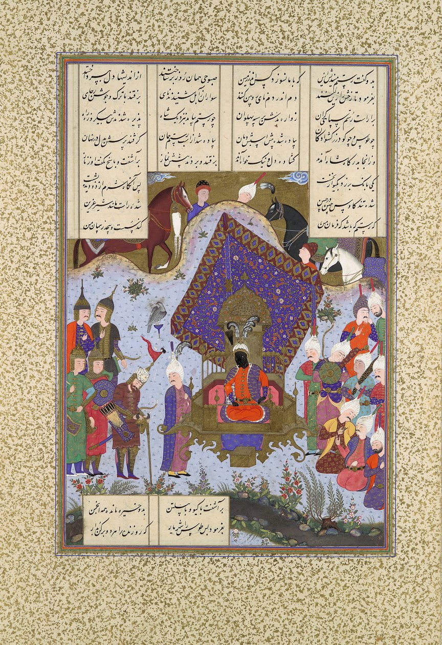 Rustam Pained Before Kai Kavus, Folio 146r do Shahnama Book of Kings..., ca. 1525-30. de Bashdan Qara
