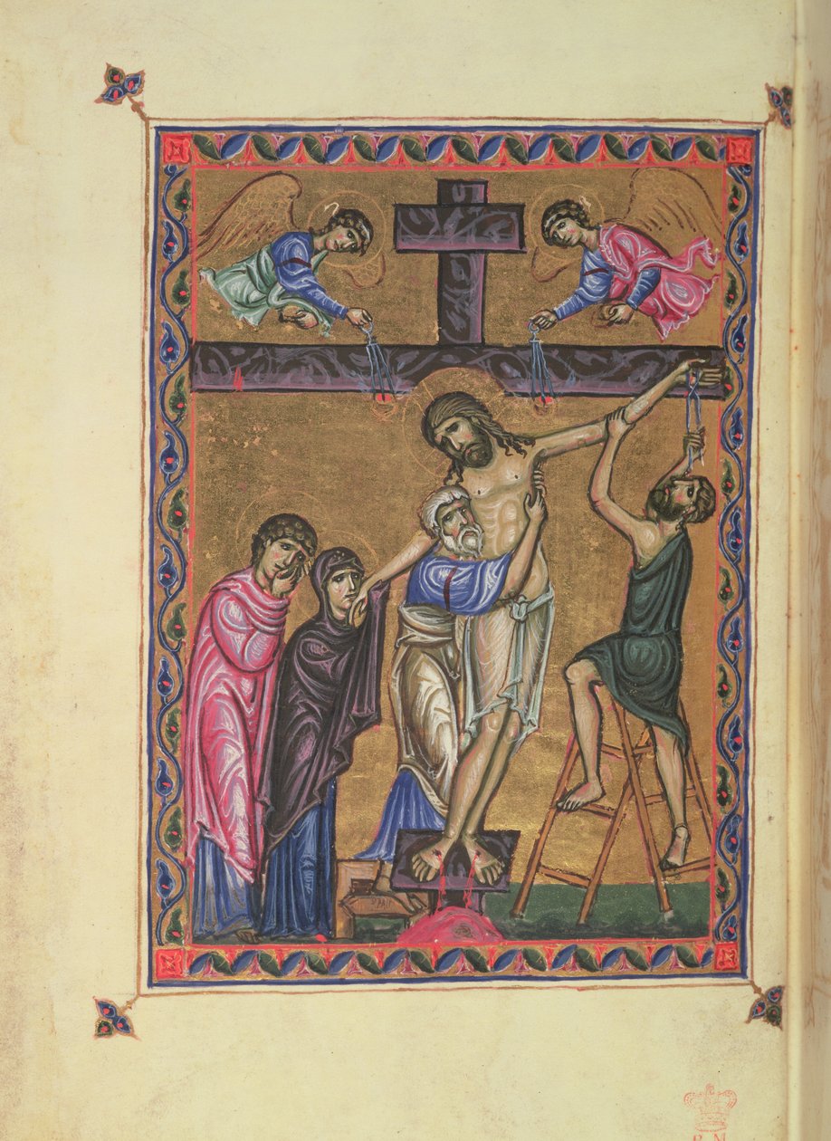 The Descent from the Cross, fol. 8b de MS Egerton 1139, o Saltério da Rainha Melisende, Jerusalém de Basilius Basilius