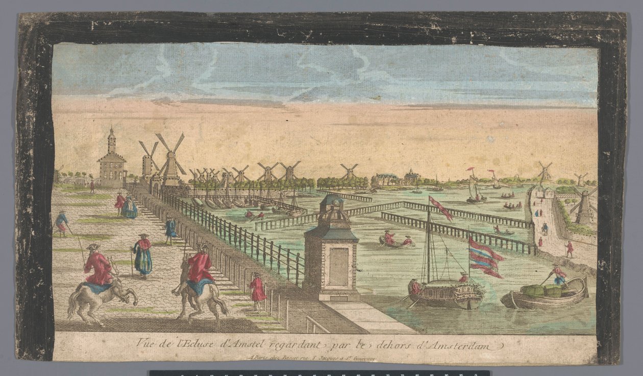 Vista do Hogesluis em direção ao Buiten-Amstel, o Amsteldijk e os moinhos no Zaagmolensloot em Amsterdã Vue de l