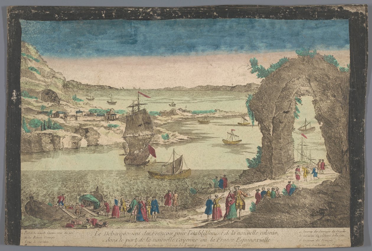 Vista da chegada dos franceses ao porto de Caiena para o estabelecimento de uma nova povoação
Le débarquement des François, pour l