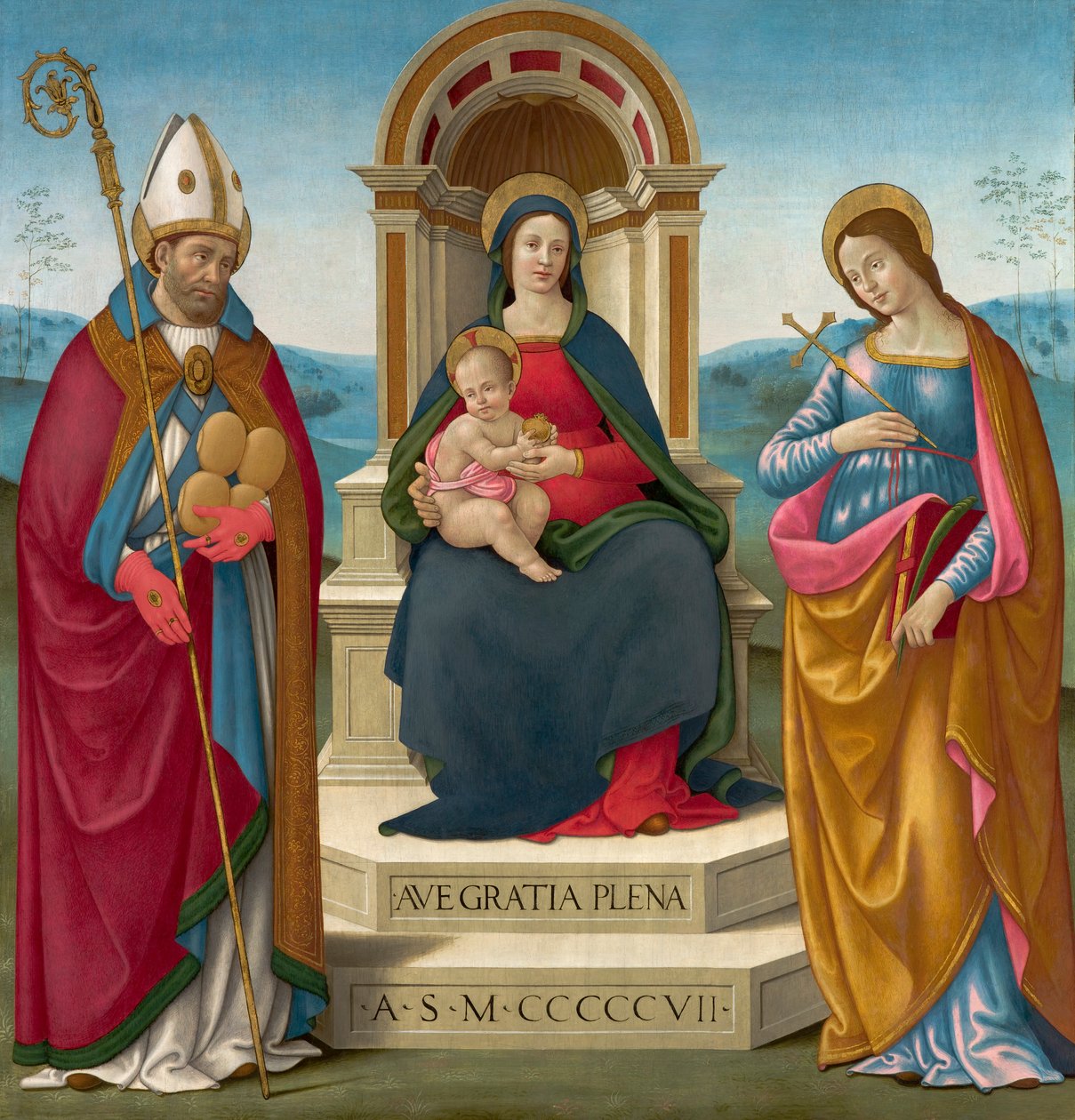 Madonna e criança com St. Justus de Volterra e St. Margaret de Antioch de Bastiano Mainardi