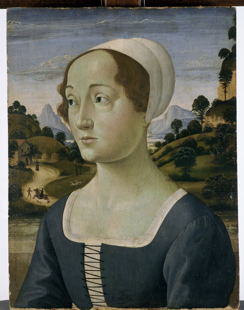 Retrato de uma mulher em seus vinte e poucos anos (tempera em madeira de choupo) de Bastiano Mainardi