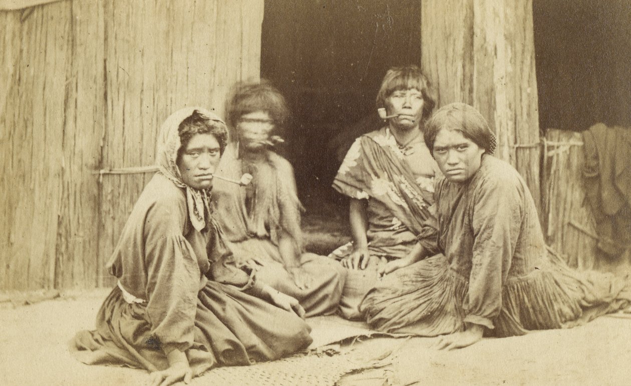 Grupo de Mulheres Maori Fora de um Whare, c.1865 (albumen print) de Batt and Richards