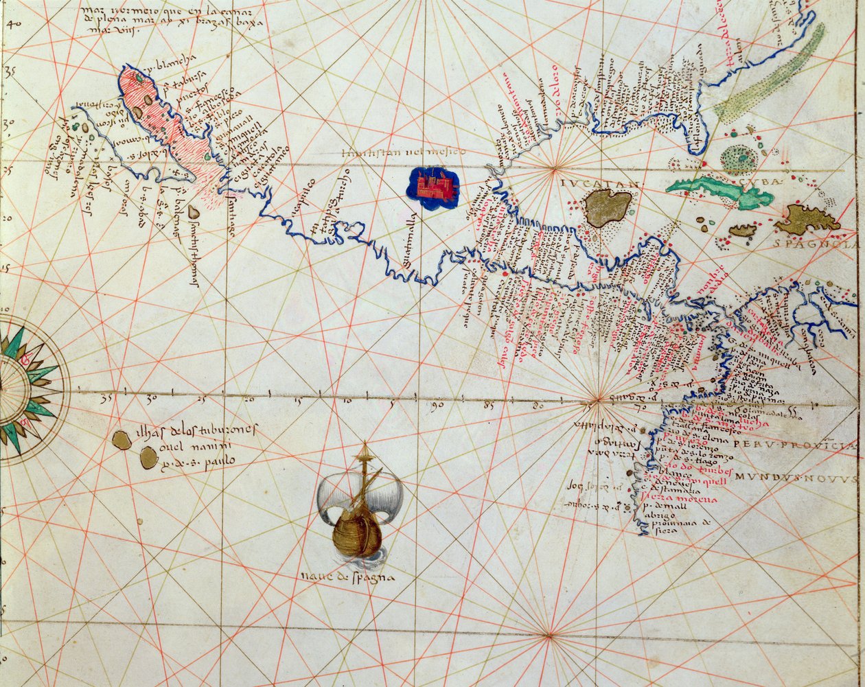 América Central, de um Atlas do mundo em 33 mapas, Veneza, 1º de setembro de 1553 (tinta sobre velino) (detalhe de 330960) de Battista Agnese