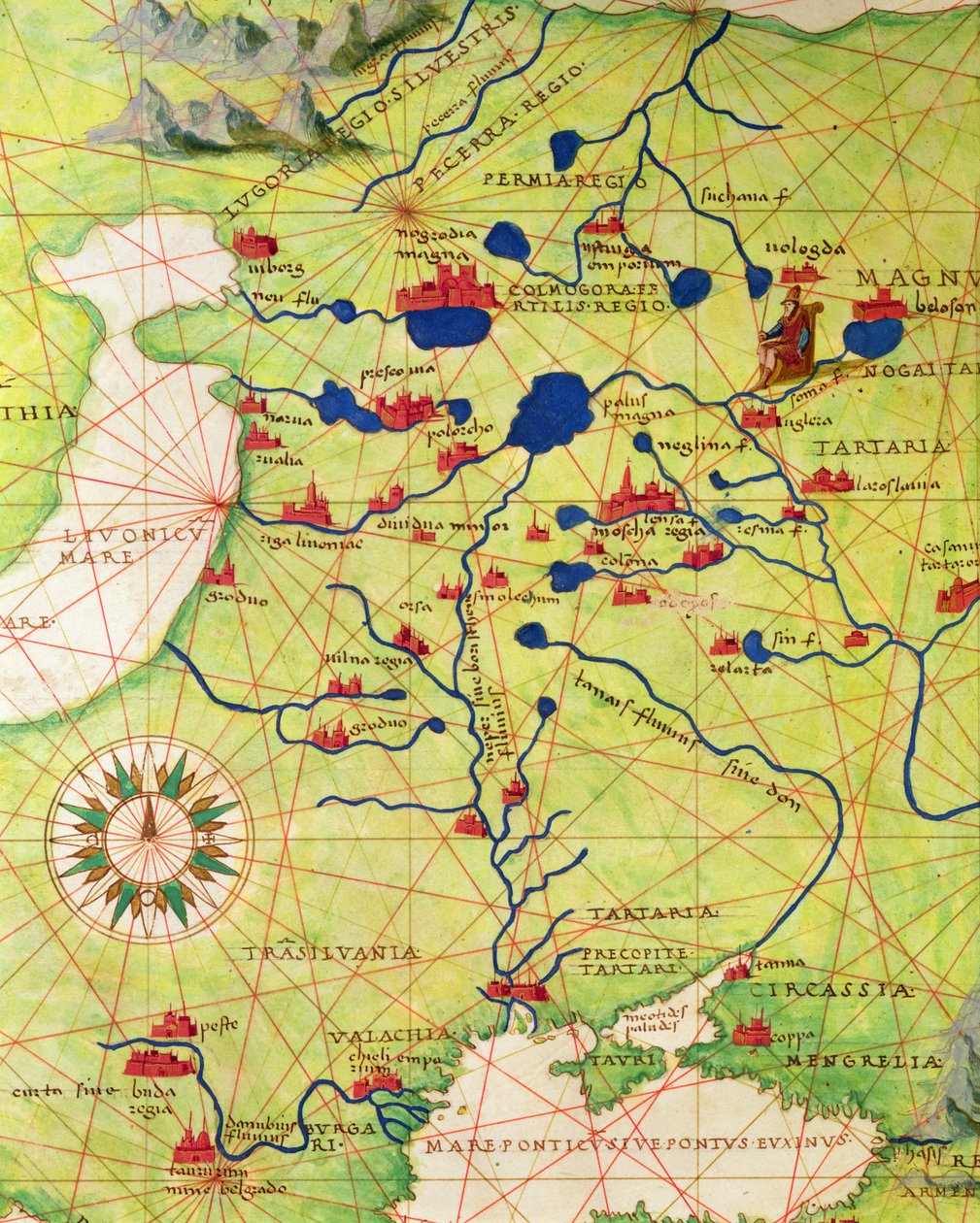 Detalhe da Europa e da Ásia Central, de um Atlas do Mundo em 33 Mapas, Veneza, 1º de setembro de 1553 (tinta em pergaminho) (ver também 330953) de Battista Agnese