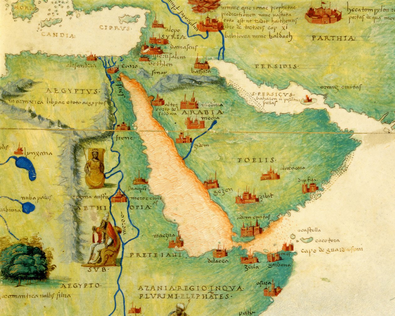 Etiópia, Mar Vermelho e Arábia Saudita, de um Atlas do mundo em 33 mapas, Veneza, 1º de setembro de 1553 (tinta em velino) (detalhe de 330946) de Battista Agnese