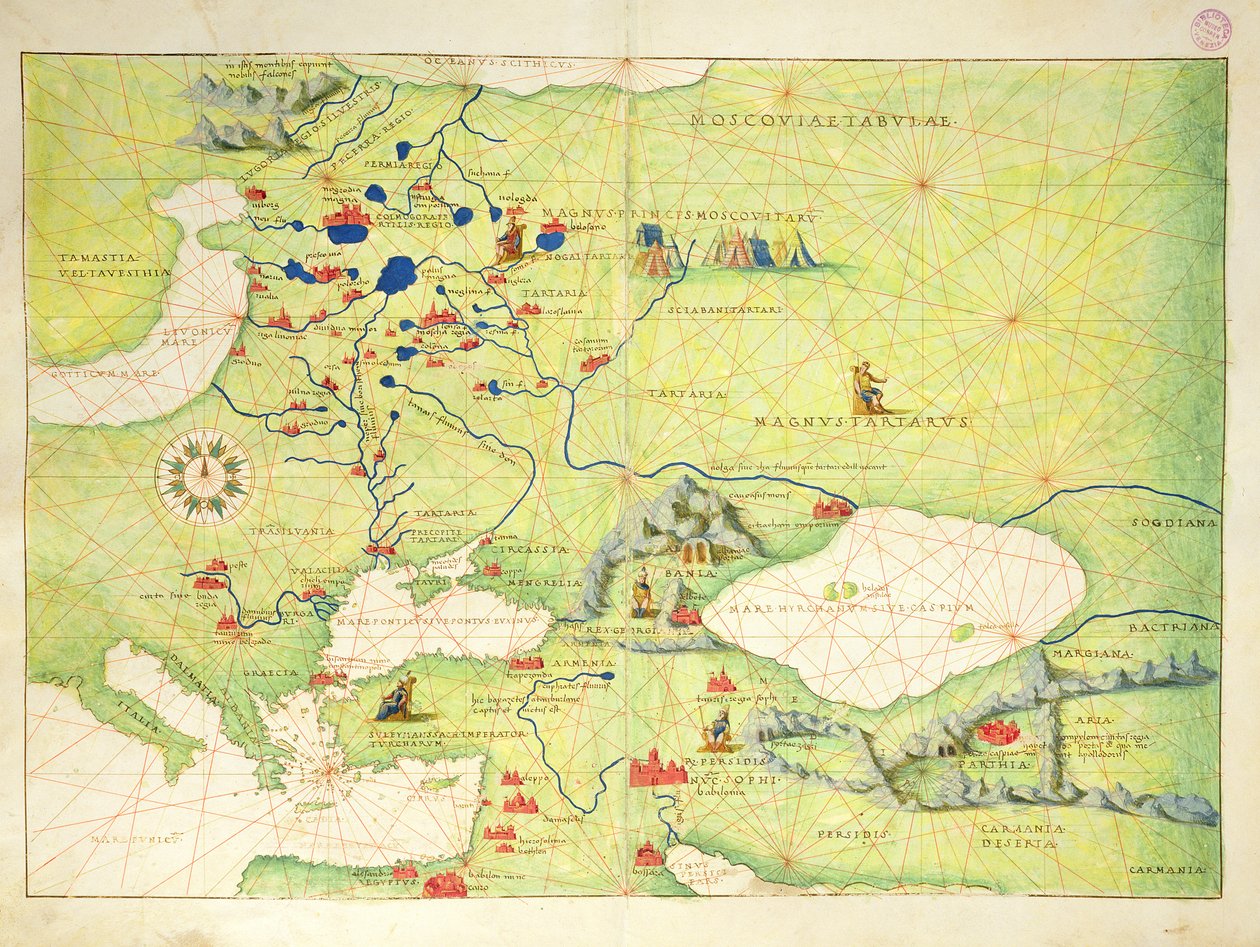 Europa e Ásia Central, de um Atlas do Mundo em 33 Mapas, Veneza, 1º de setembro de 1553 (tinta em pergaminho) (ver também 330954) de Battista Agnese