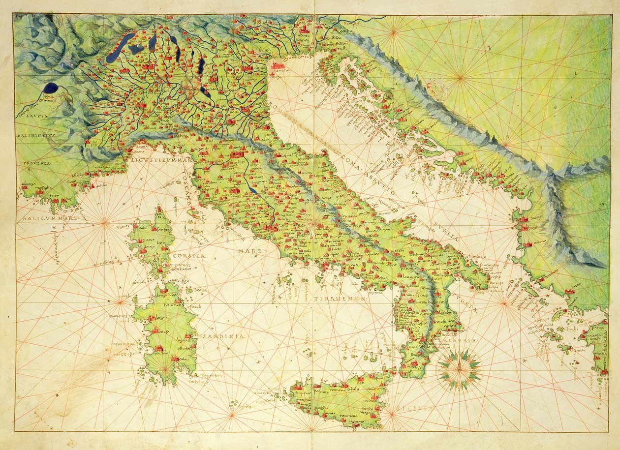 Itália, de um Atlas do mundo em 33 mapas, Veneza, 1º de setembro de 1553 (tinta em velino) de Battista Agnese