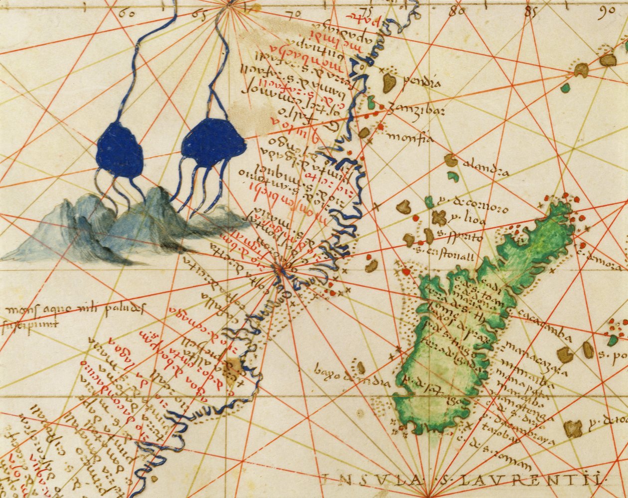 Madagascar, de um atlas do mundo em 33 mapas, Veneza, 1º de setembro de 1553 (tinta sobre velino) (detalhe de 330955) de Battista Agnese