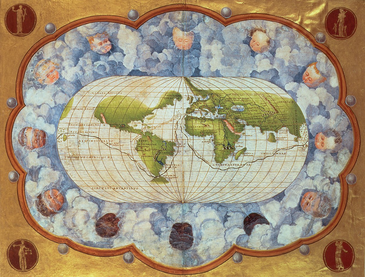 Mapa traçando a viagem mundial de Magalhães, outrora propriedade de Carlos V, 1545 (ver também 63417) de Battista Agnese