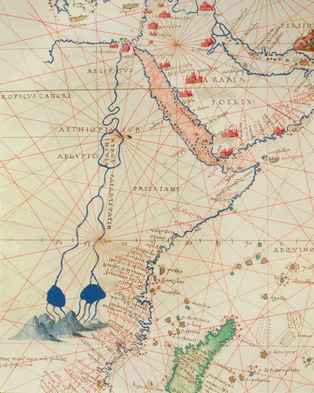 Parte da África, de um Atlas do mundo em 33 mapas, Veneza, 1º de setembro de 1553 (tinta sobre velino) (detalhe de 330955) de Battista Agnese