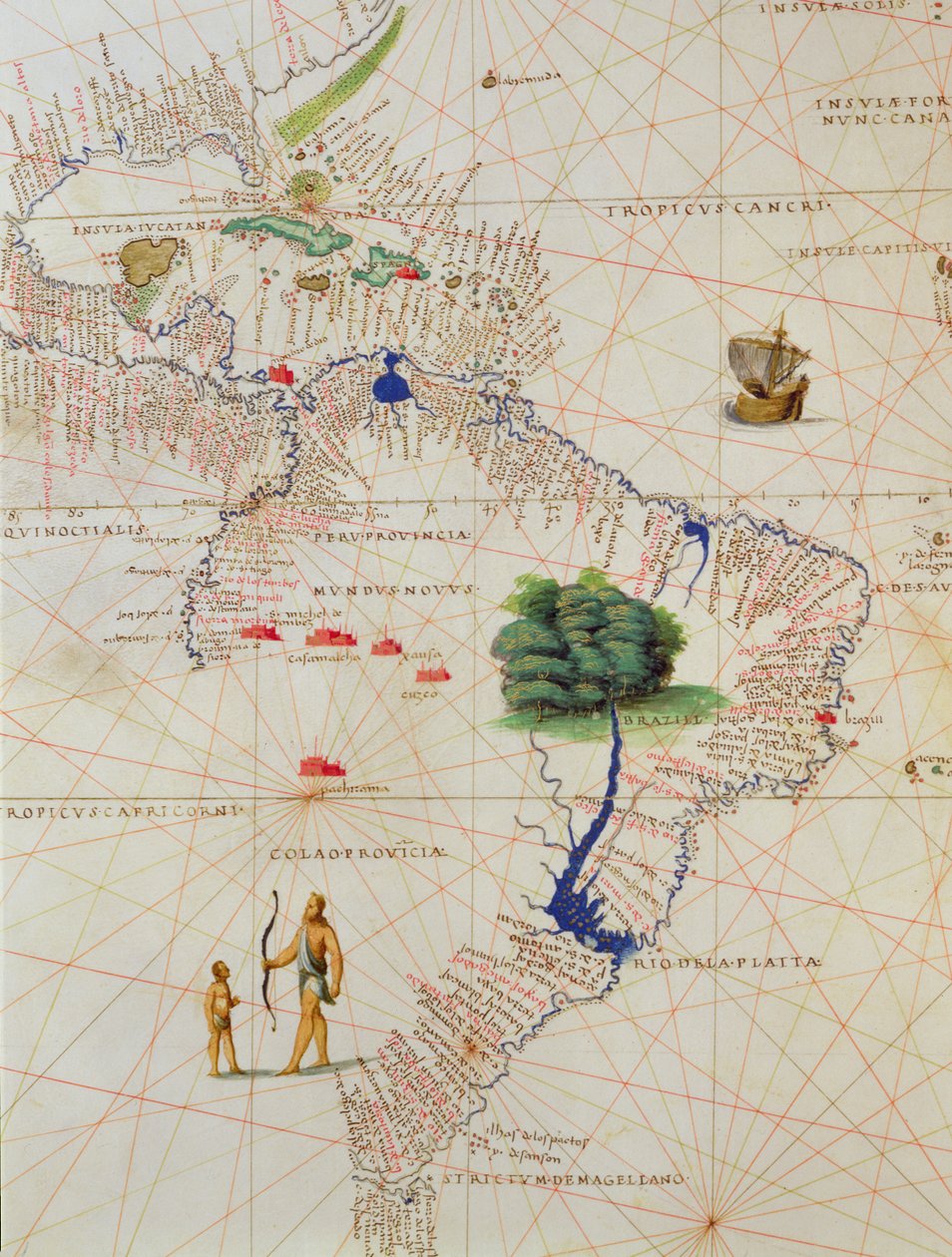 América do Sul, de um Atlas do mundo em 33 mapas, Veneza, 1º de setembro de 1553 (tinta em velino) (detalhe de 330959) de Battista Agnese