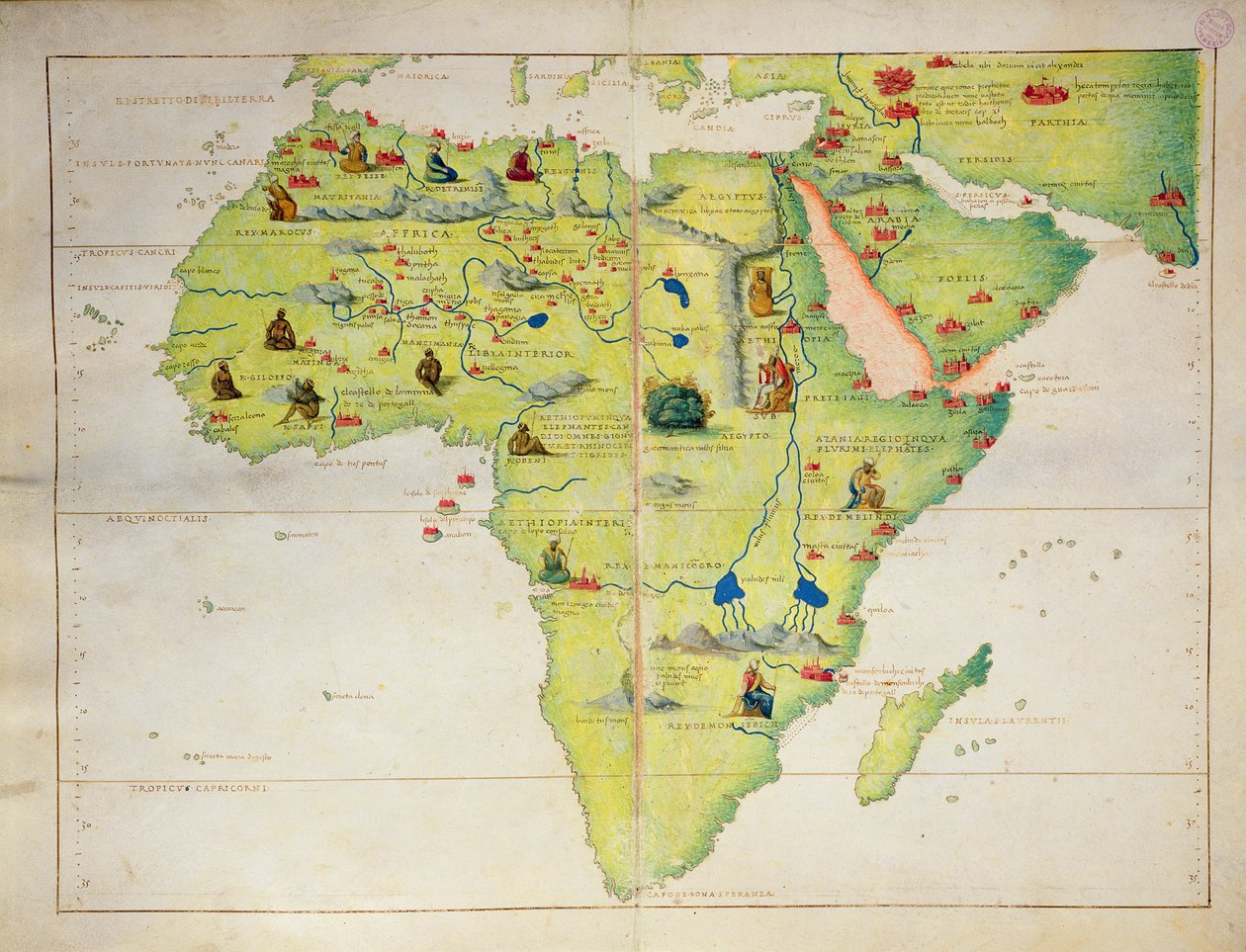 O continente da África, de um atlas do mundo em 33 mapas, Veneza, 1º de setembro de 1553 (tinta em pergaminho) (ver também 330947) de Battista Agnese