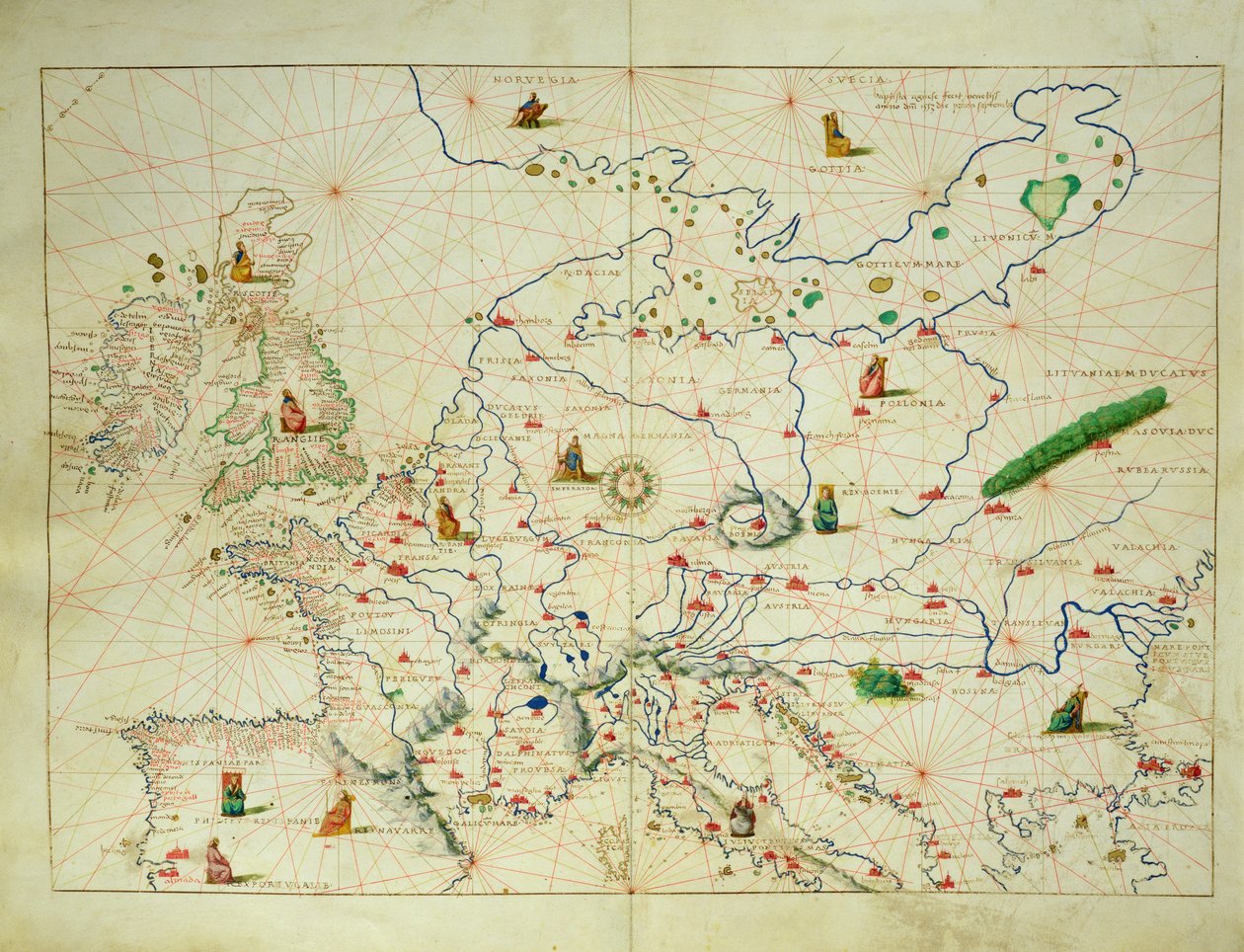 O Continente da Europa, de um Atlas do Mundo em 33 Mapas, Veneza, 1 de setembro de 1553 (tinta em pergaminho) (ver também 330950) de Battista Agnese