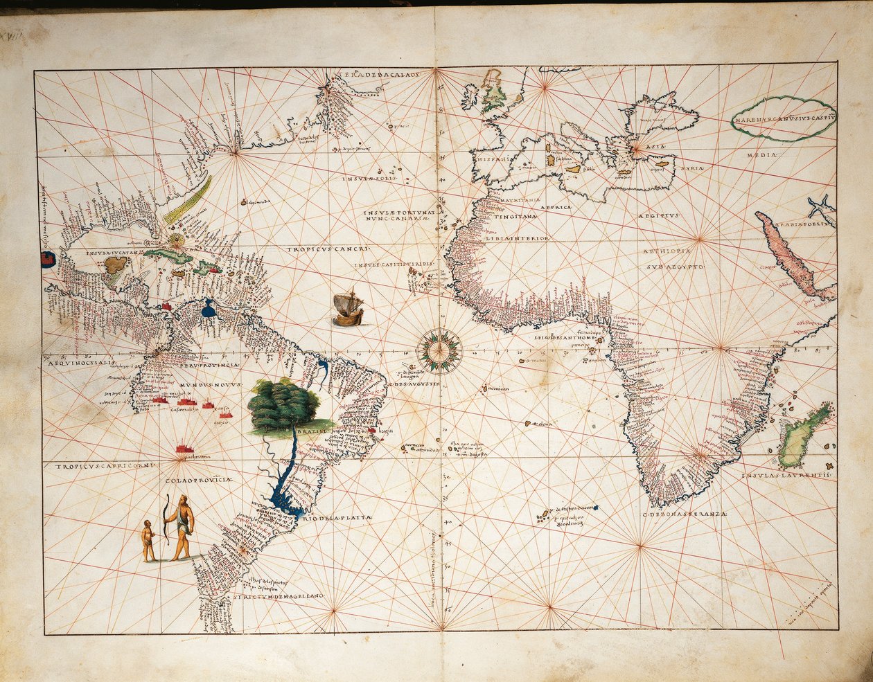 África, Europa e parte das Américas, a partir do Atlas do Mundo em trinta e três mapas, por Battista Agnese de Battista Agnese