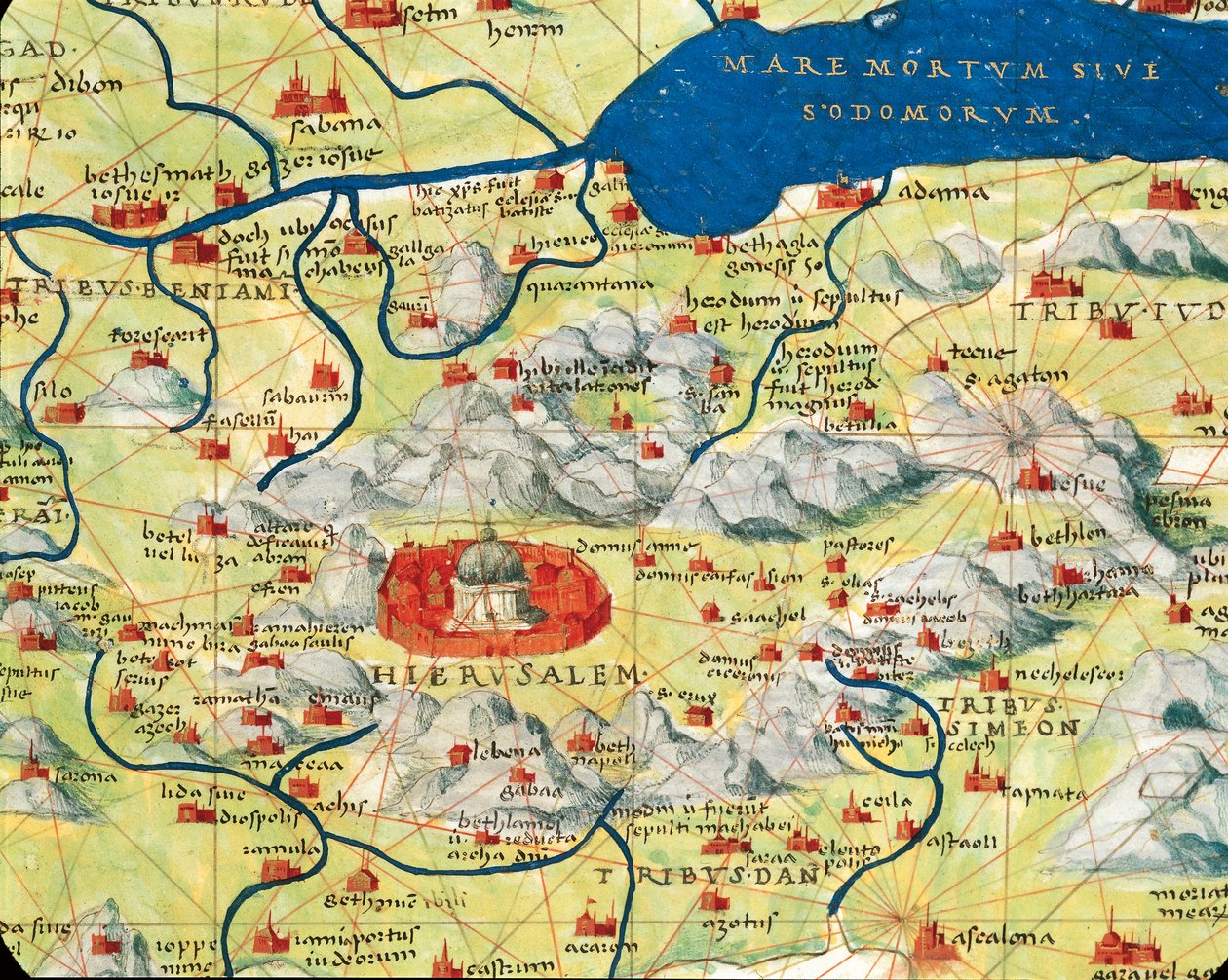 Terra Santa, Israel e Palestina: Jerusalém e o Mar Morto, do Atlas do Mundo em trinta e três mapas, por Battista Agnese de Battista Agnese