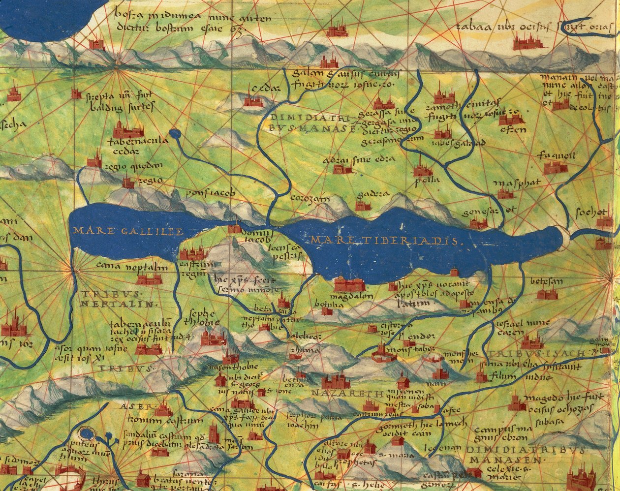 Terra Santa, Israel e Palestina: Mar da Galileia e cidade de Tiberíades, do Atlas do Mundo em trinta e três mapas, por Battista Agnese de Battista Agnese