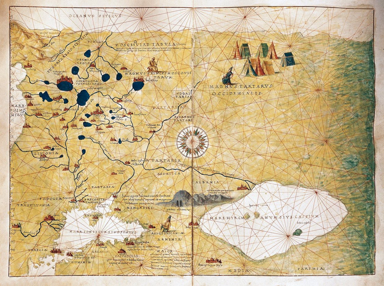 Moschoviae Tabula, mapa da Rússia e das cidades europeias ao longo do rio Volga de Battista Agnese