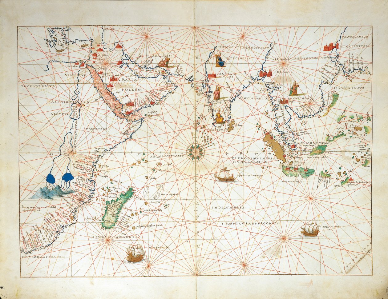 O Oceano Índico e parte da Ásia e África, do Atlas do Mundo em trinta e três Mapas, por Battista Agnese de Battista Agnese
