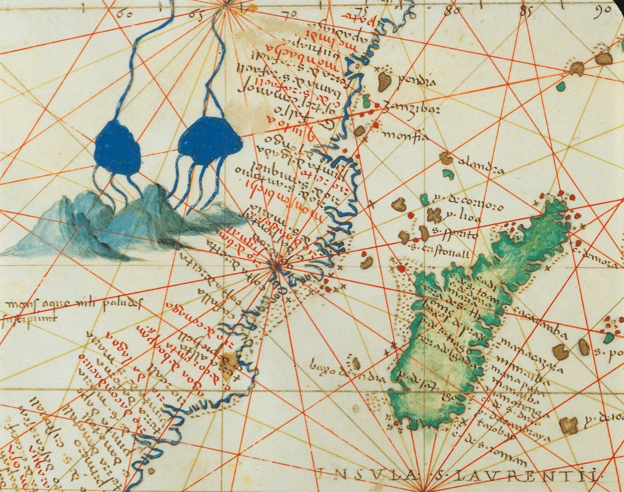 O Oceano Índico e parte da Ásia e África: nascente do rio Nilo e Madagascar, do Atlas do Mundo em trinta e três mapas, por Battista Agnese de Battista Agnese