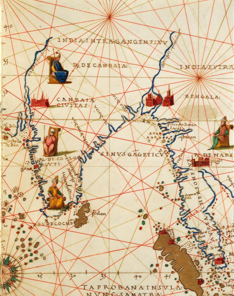 O Oceano Índico e parte da Ásia e África: a Península Indiana, do Atlas do Mundo em trinta e três Mapas, por Battista Agnese de Battista Agnese