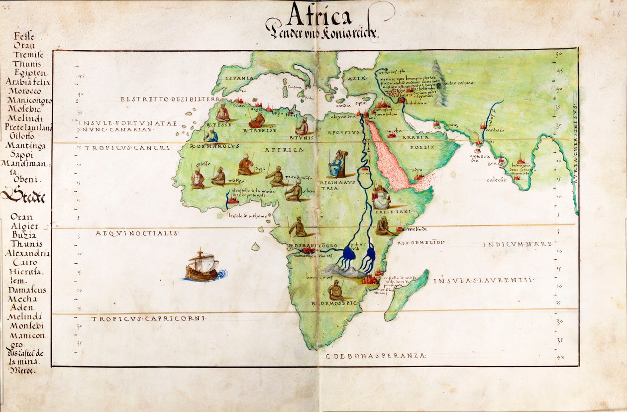 Carta velino de África, da Índia e do Mediterrâneo de Battista Agnese