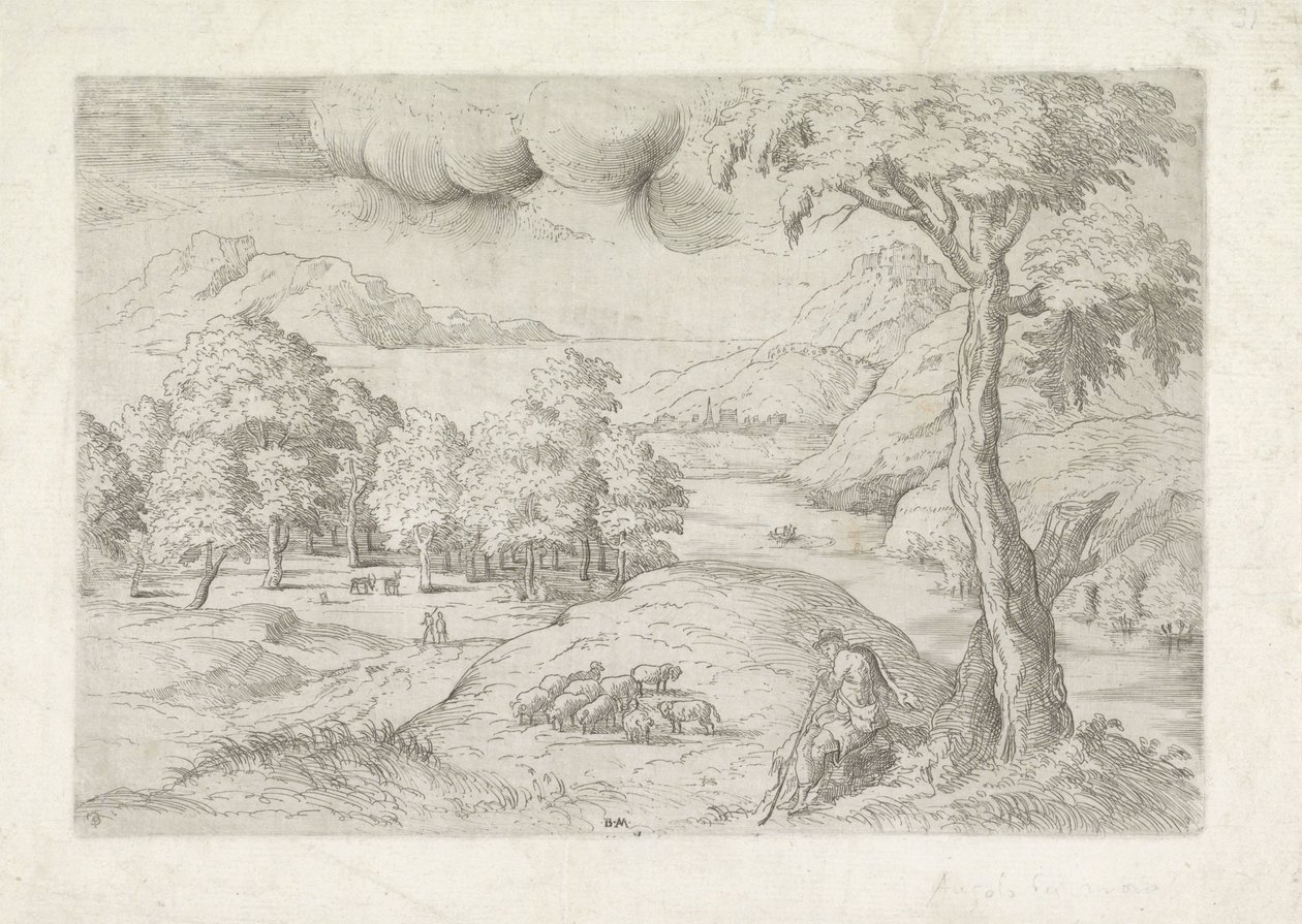 Paisagem Panorâmica com Ruínas, uma Cidade e Viajantes
Landschap conheceu o pastor de Battista Angolo del Moro