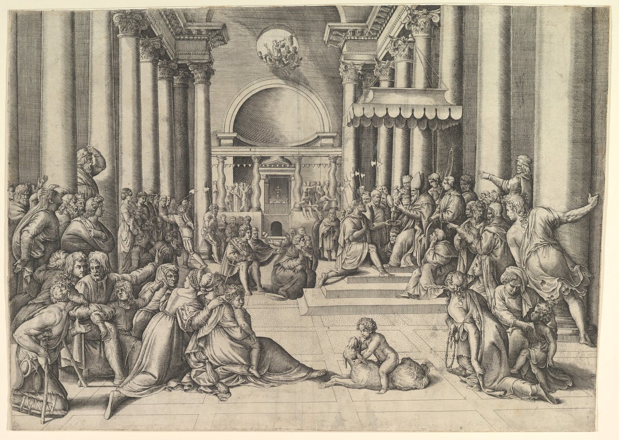 Constantino Apresentando a Cidade de Roma à Santa Sé, à direita, muitos espectadores ..., ca. 1530-61. de Battista Franco Veneziano