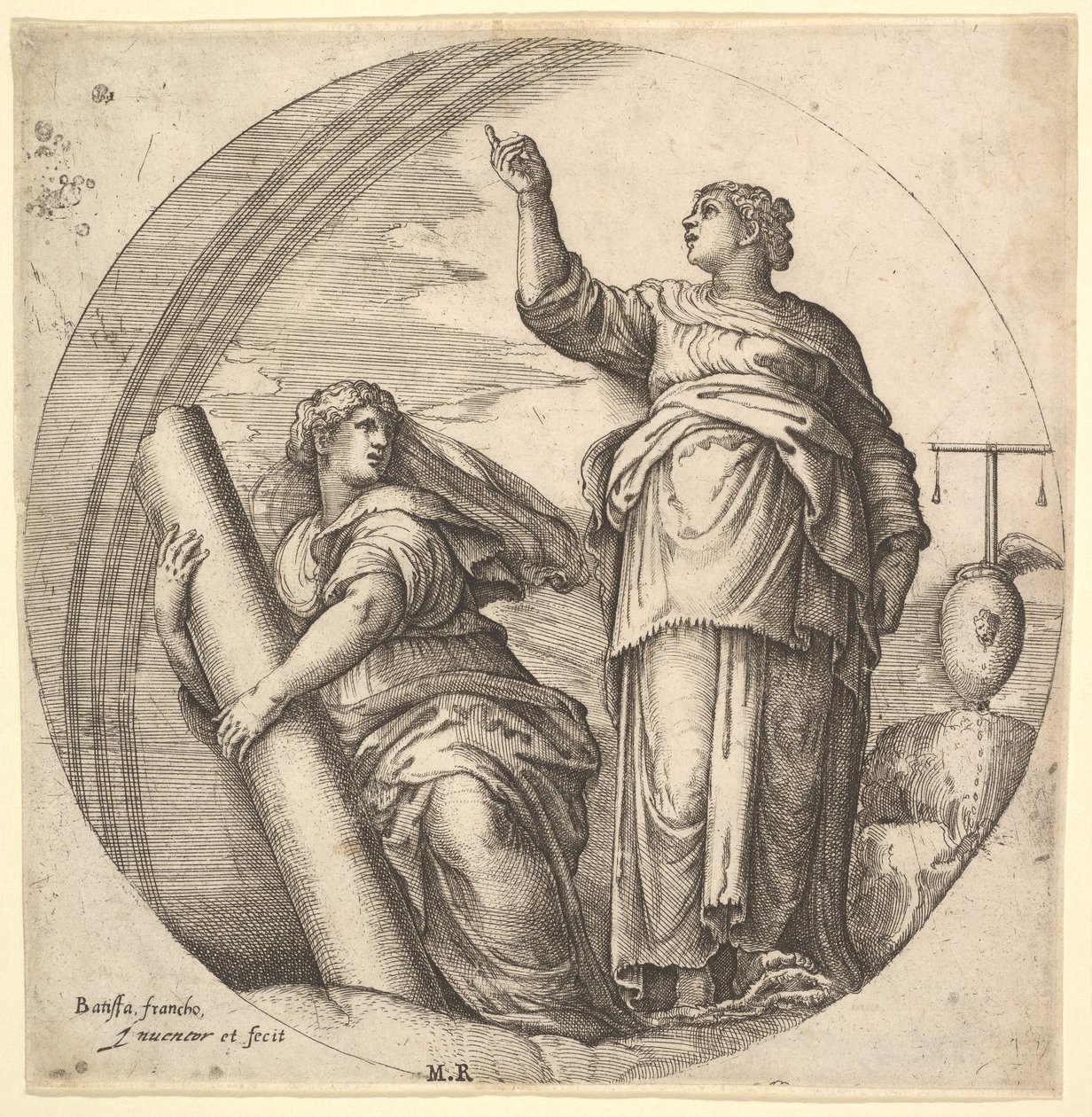 Fortitude and Justice, composição alegórica em formato redondo, com Fortitude g..., ca. 1530-61. de Battista Franco Veneziano