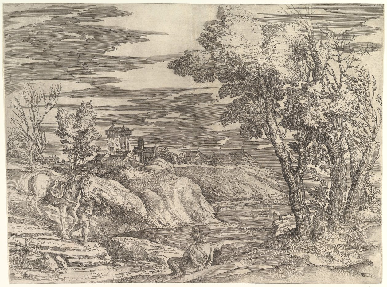 Paisagem com um cavaleiro e seu noivo, c. 1552-61. de Battista Franco Veneziano