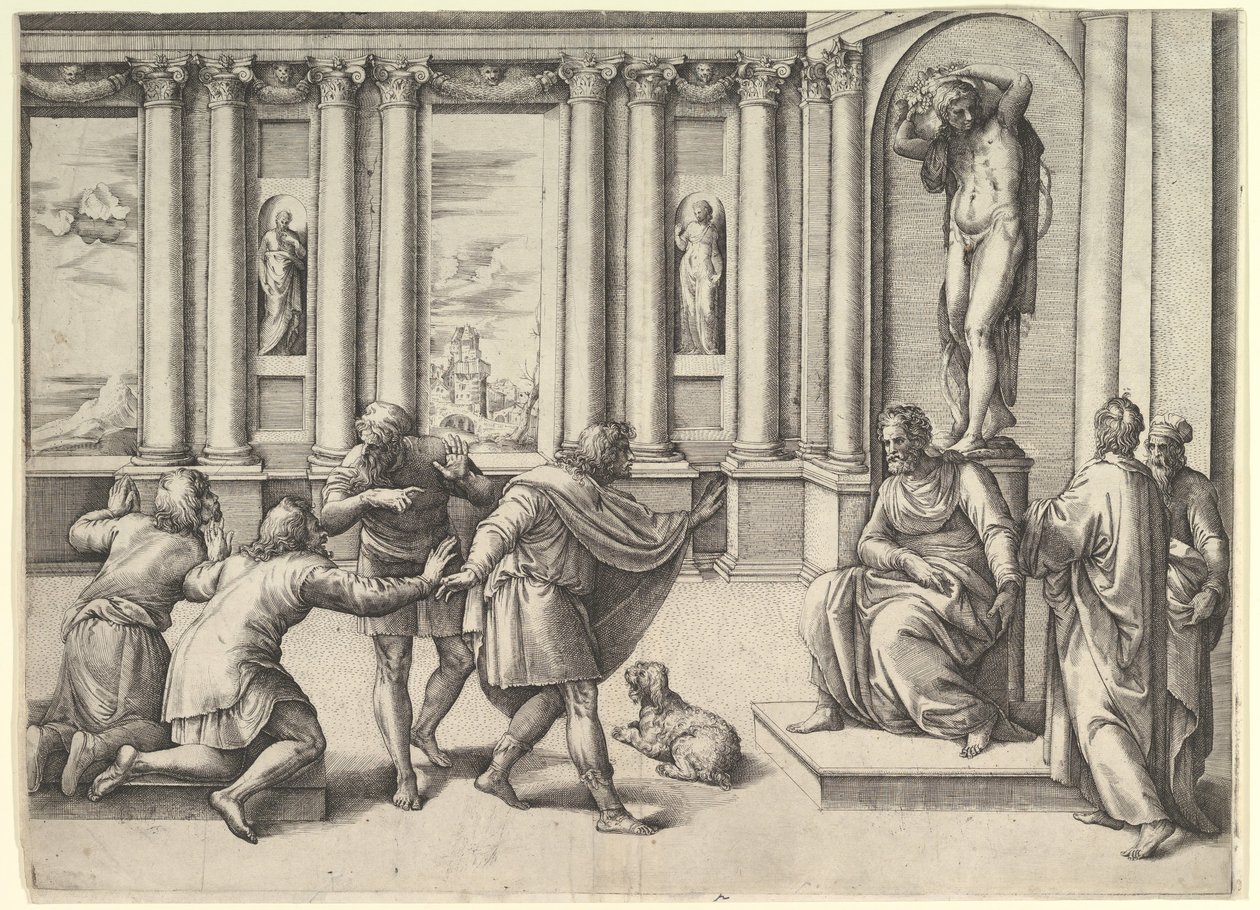 Homem sentado sob uma estátua de Baco, recebendo uma audiência, c. 1530-61. de Battista Franco Veneziano