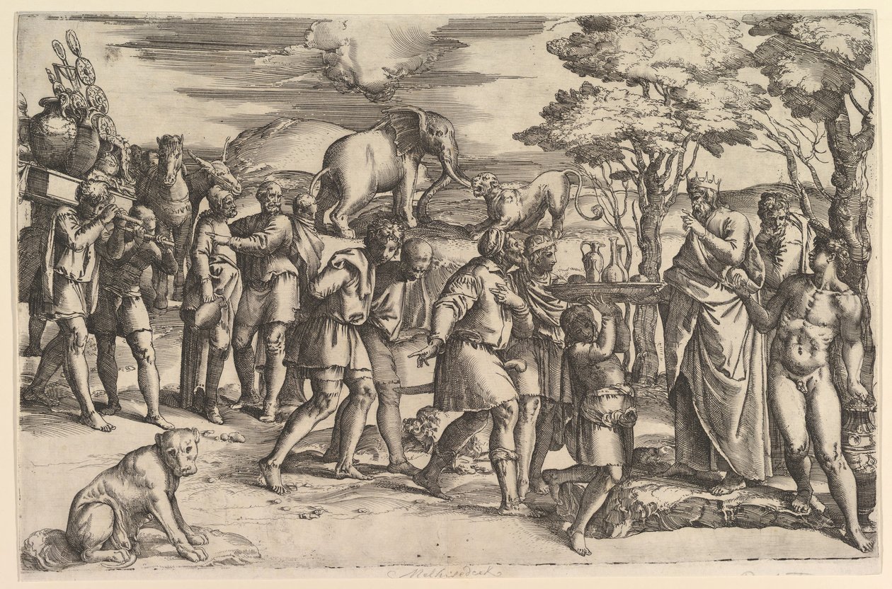 Melquisedeque oferecendo pão e vinho a Abraão, ca. 1547. de Battista Franco Veneziano