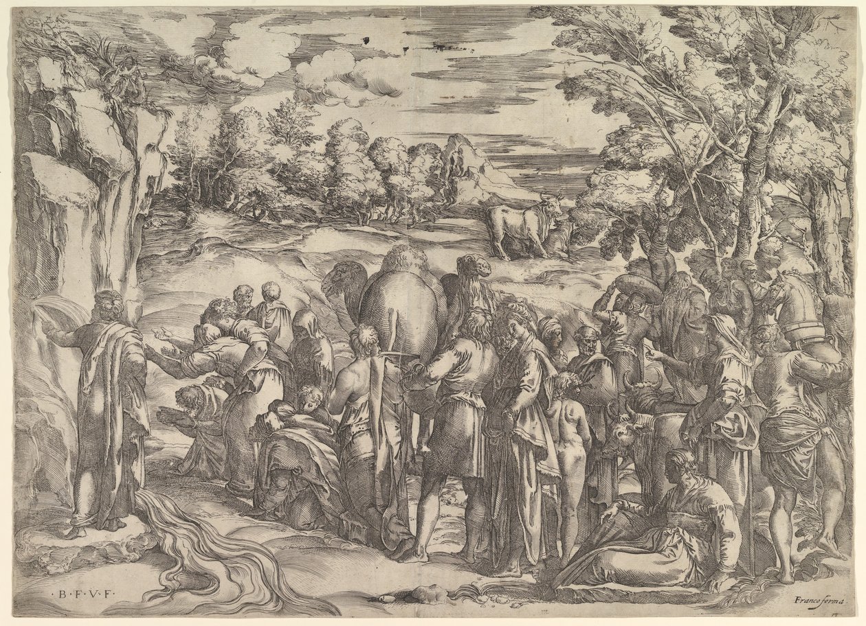 Moisés Tirando Água da Rocha, à esquerda com água corrente, várias figuras e ..., ca. 1552-61. de Battista Franco Veneziano