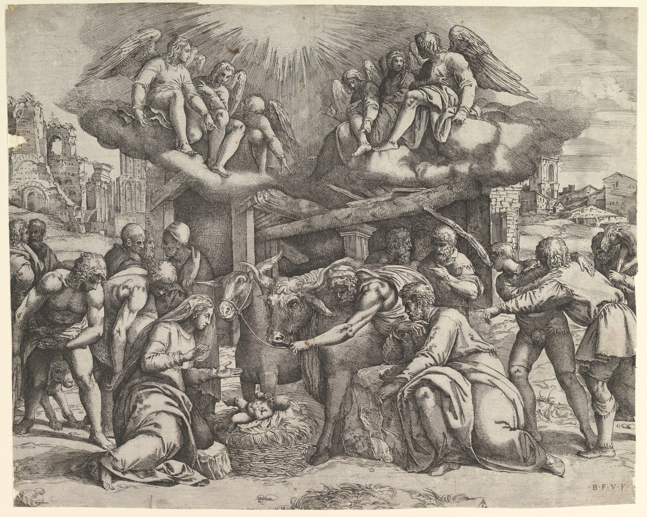 A Adoração dos Pastores com anjos no alto, ca. 1530-61. de Battista Franco Veneziano