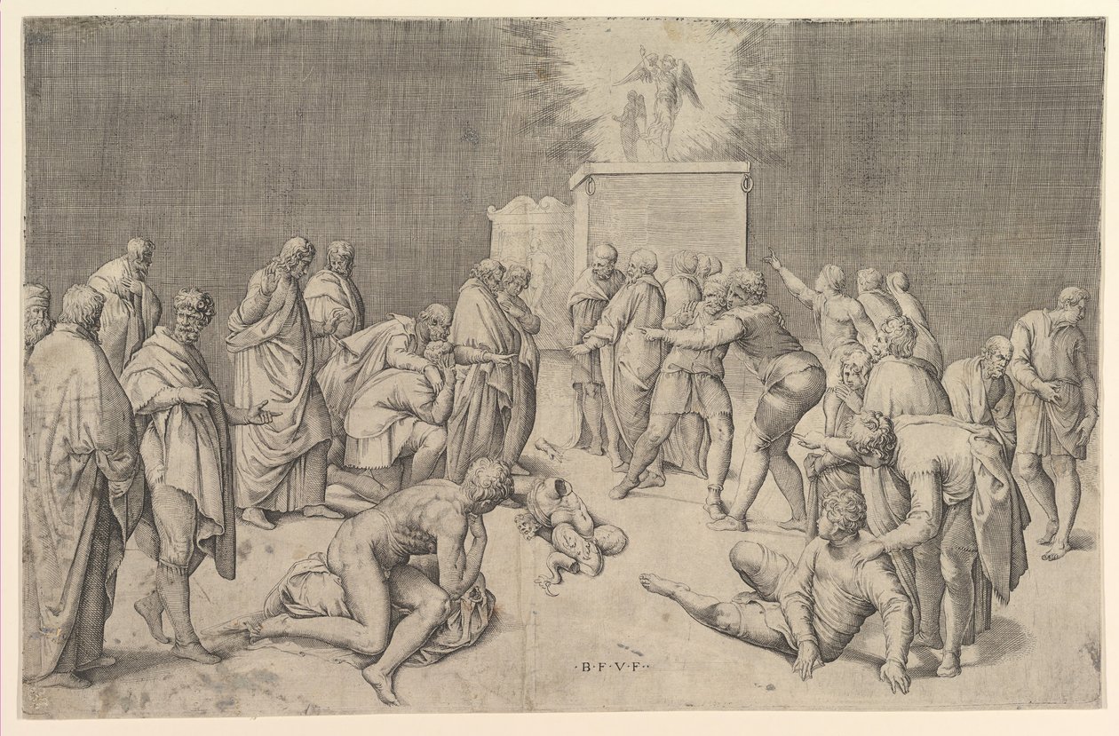 Os filisteus colocam a Arca da Aliança no Templo de Dagon, ca. 1540. de Battista Franco Veneziano