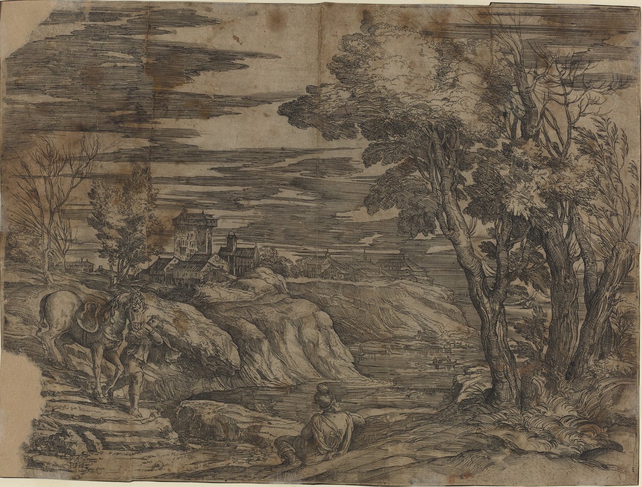 Paisagem com um homem conduzindo um cavalo de Battista Franco, after Titian