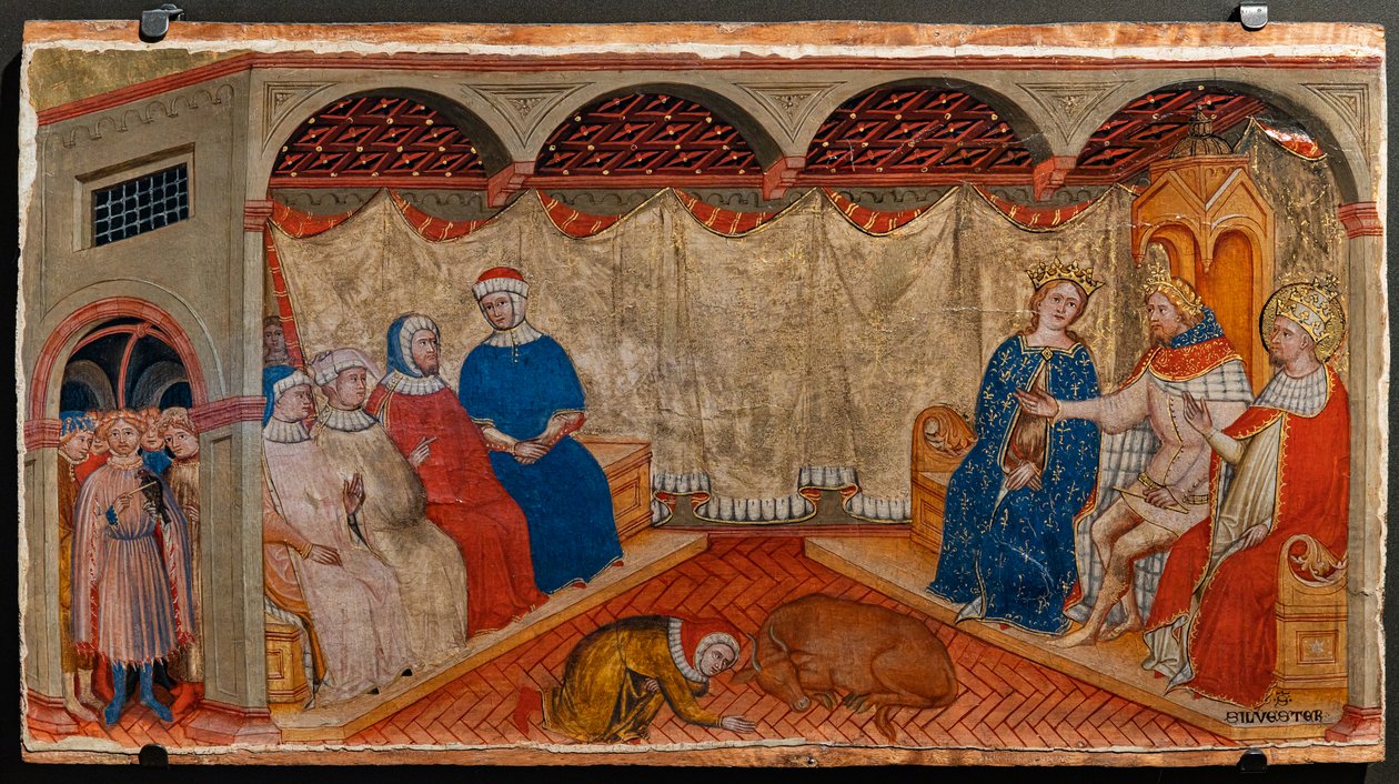 Disputa de St. Sylvester com os rabinos de Roma na presença de Costantine e Helen (tempera no painel) de Battista da Vicenza
