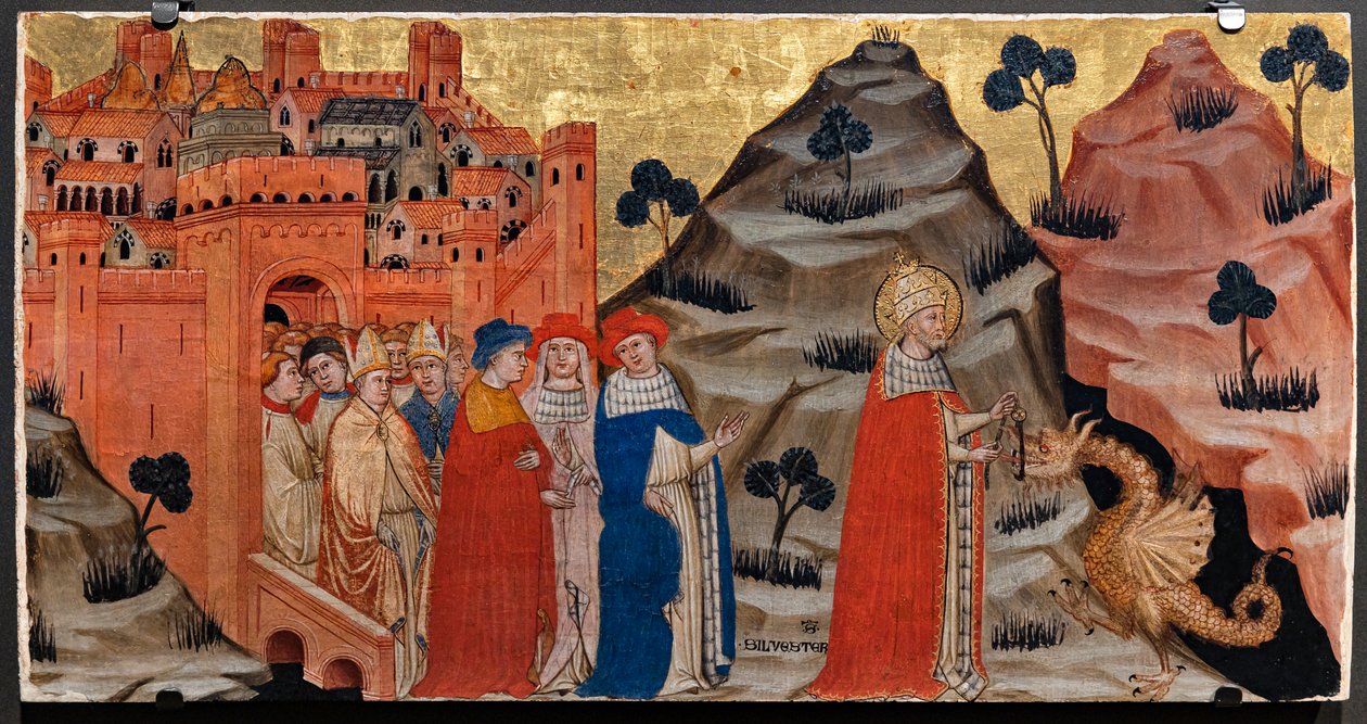 Papa São Silvestre derrota o dragão da rocha tarpeiana (tempera no painel) de Battista da Vicenza