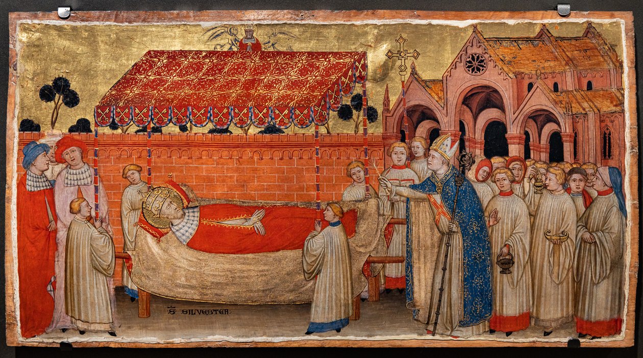 Morte de St. Sylvester (tempera no painel) de Battista da Vicenza