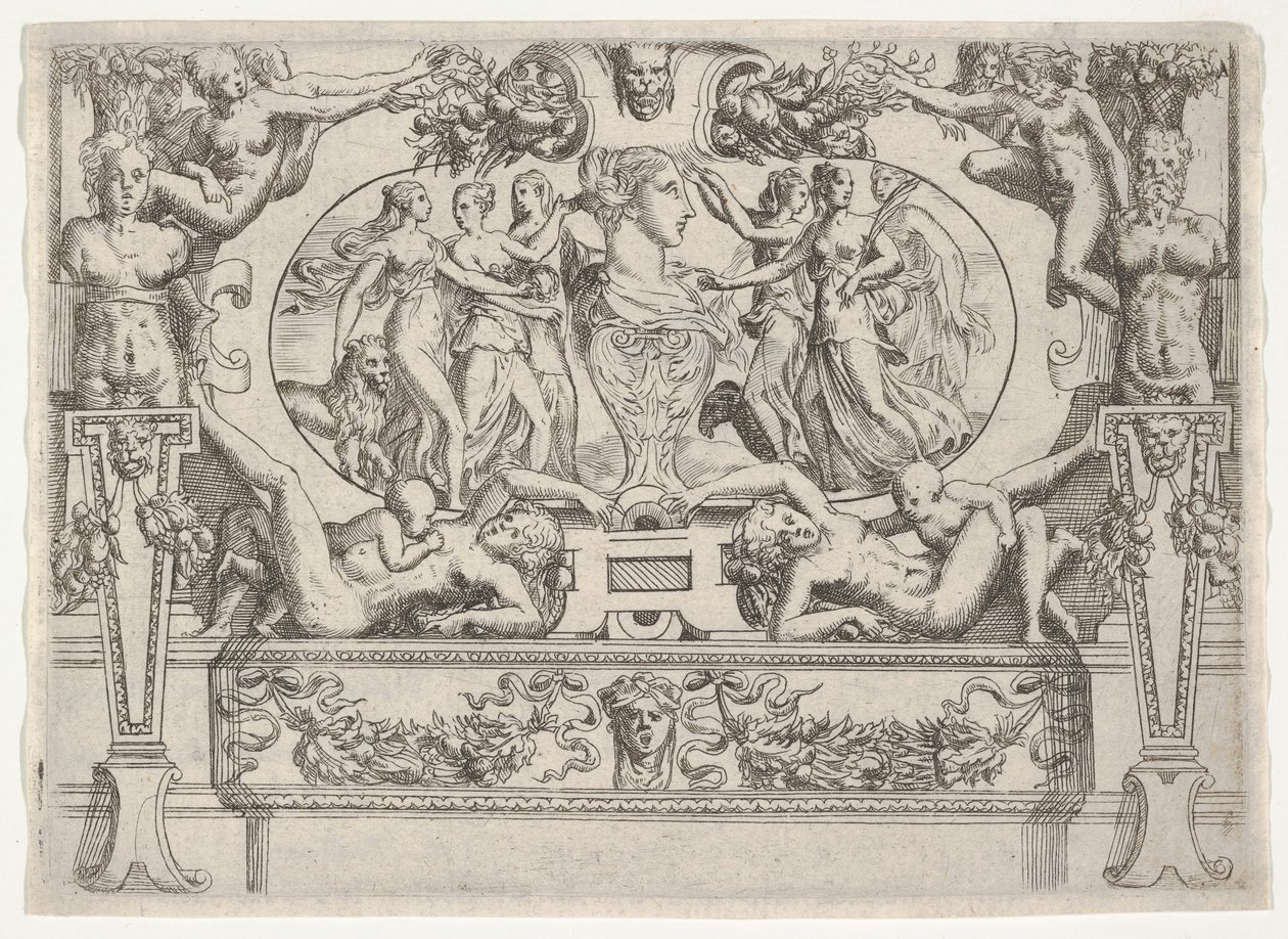 Busto de mulher ladeado por três mulheres de cada lado, dentro de uma moldura elaborada, ca. 1540-80. de Battista del Moro