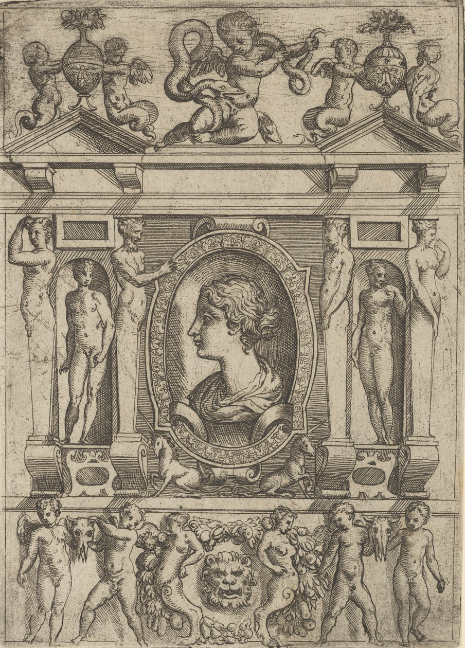 Busto de mulher de perfil virado para a esquerda, inserido em moldura elaborada com figuras em n..., c. 1540-80. de Battista del Moro