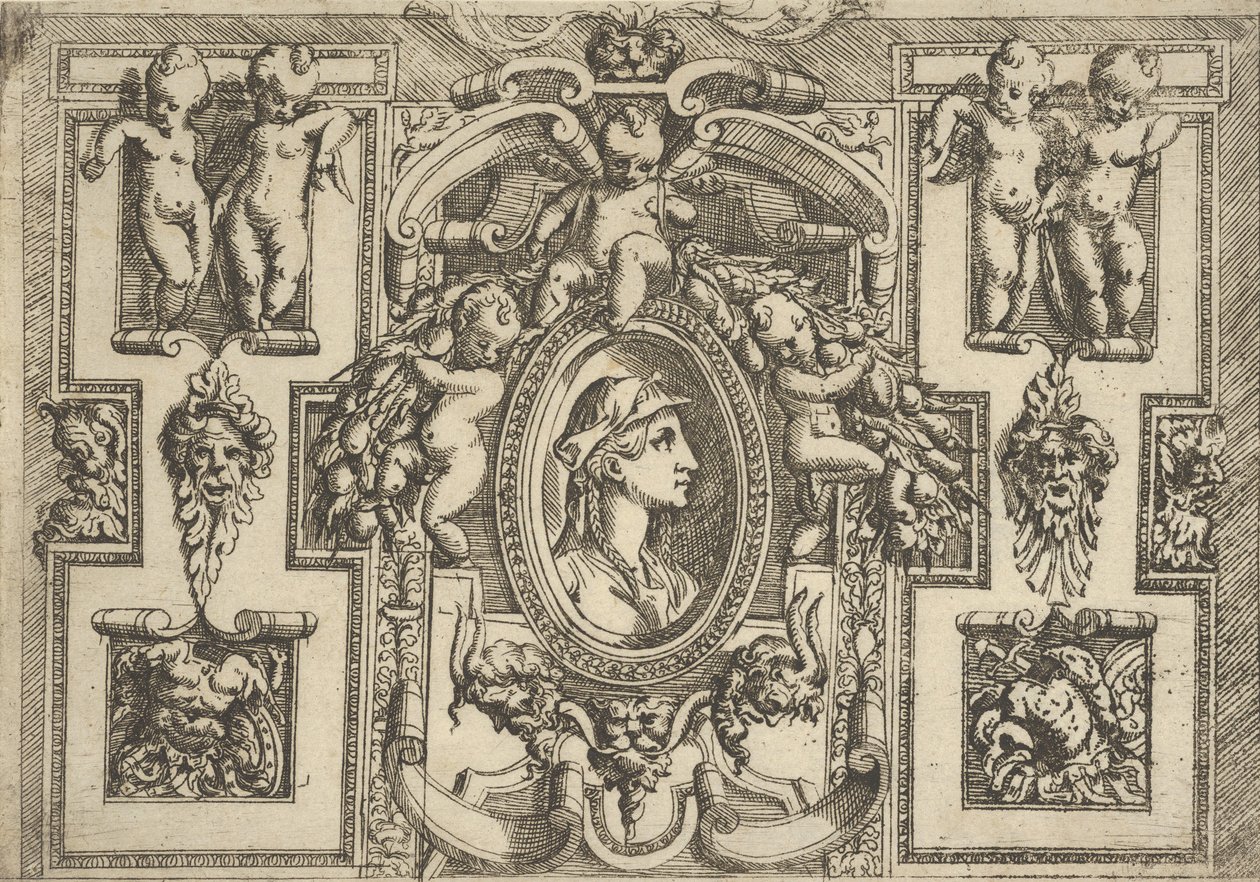 Busto de mulher de perfil virado para a direita, inserido numa moldura elaborada com putti, ..., ca. 1540-80. de Battista del Moro