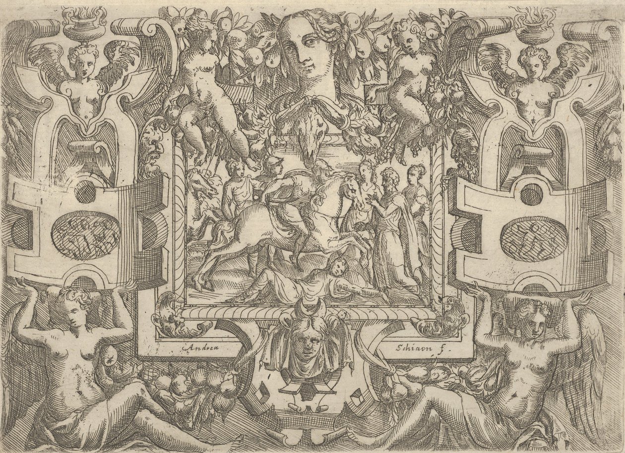 Figura a cavalo segurando uma espada e cavalgando sobre uma figura deitada no chão, s..., c. 1540-80. de Battista del Moro
