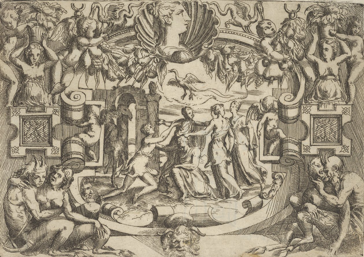 Quatro mulheres cercando uma figura sentada, um pássaro acima delas, dentro de um elaborado ..., ca. 1540-80. de Battista del Moro