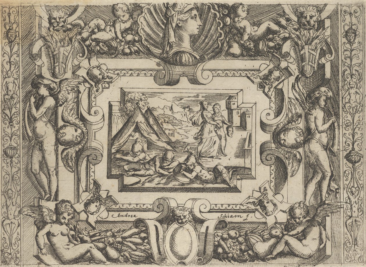 Judite e serva com cabeça de Holofernes, inserida em moldura elaborada, c..., ca 1540-80. de Battista del Moro