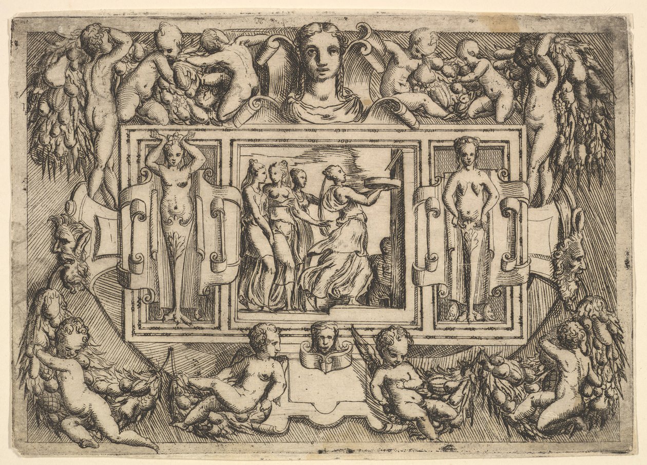 A sibila cumeia caminhando para a direita e carregando uma bandeja, seguida por três mulheres..., ca. 1540-80. de Battista del Moro
