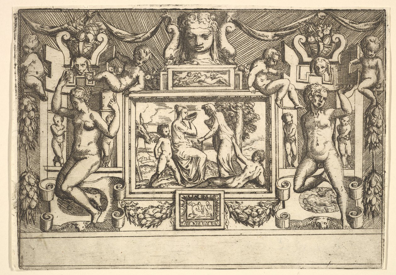 Jovem bebendo de uma tigela, uma velha parada na frente dela, dentro de..., ca. 1540-80. de Battista del Moro