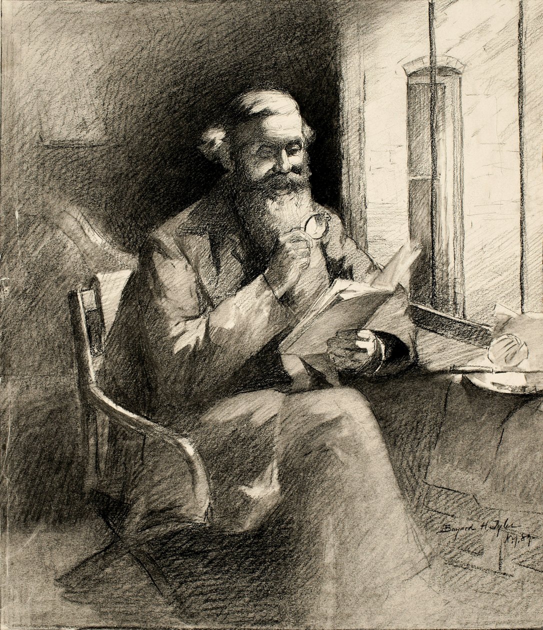 Uma boa história, 1889 (carvão sobre papel de creme) de Bayard Henry Tyler