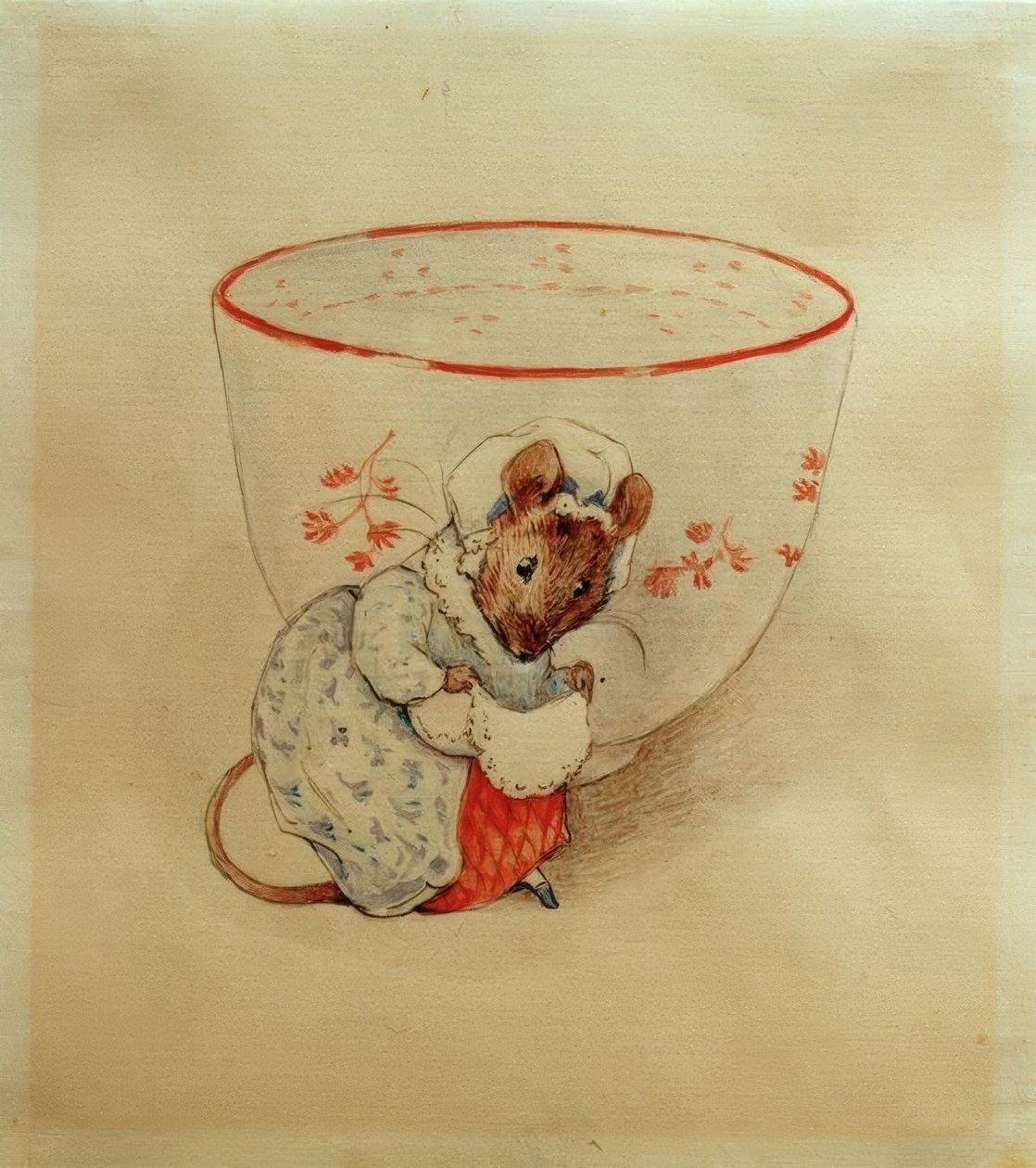 Sra. Mouse faz uma torção na frente de uma xícara de chá de Beatrix Potter
