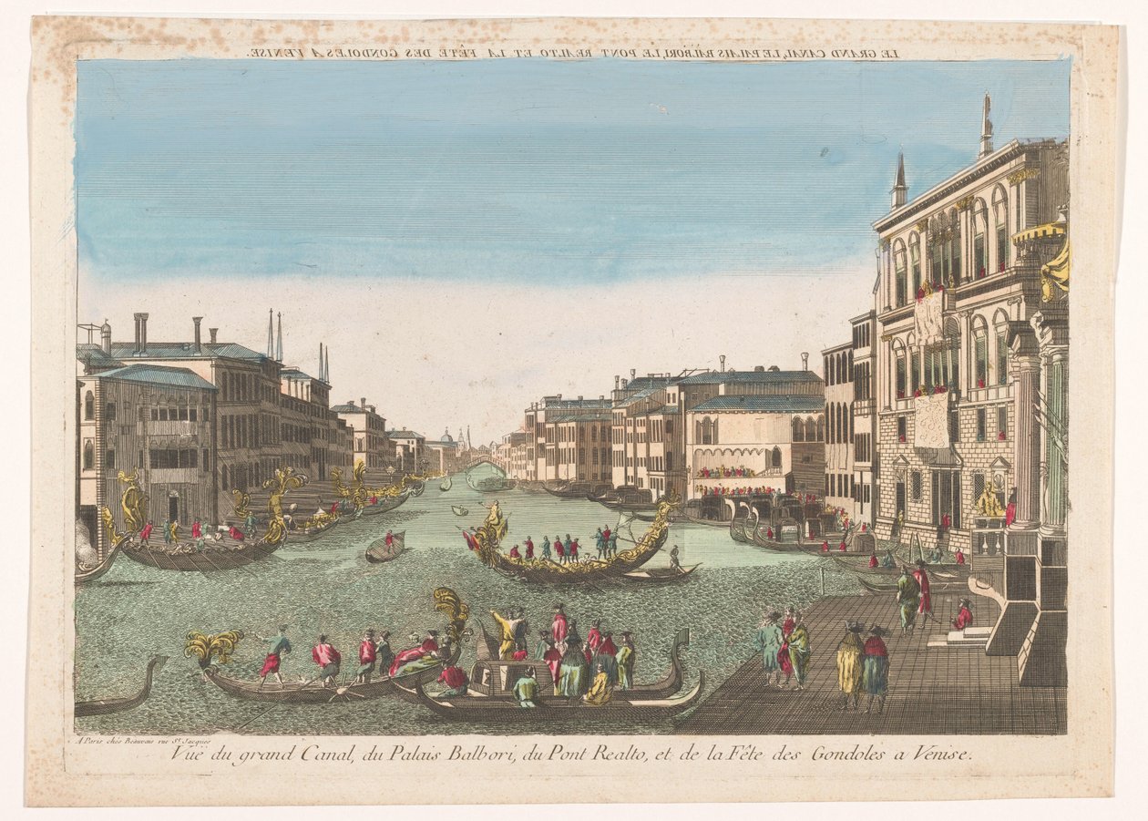 Gezicht op de Canal Grande met gondels, het Palazzo Balbori en de Ponte Rialto te Venetië
O Grande Canal, o Palácio Balbori, a Ponte Rialto e o festival das gôndolas em Veneza (título sobre o objecto) de Beauvais